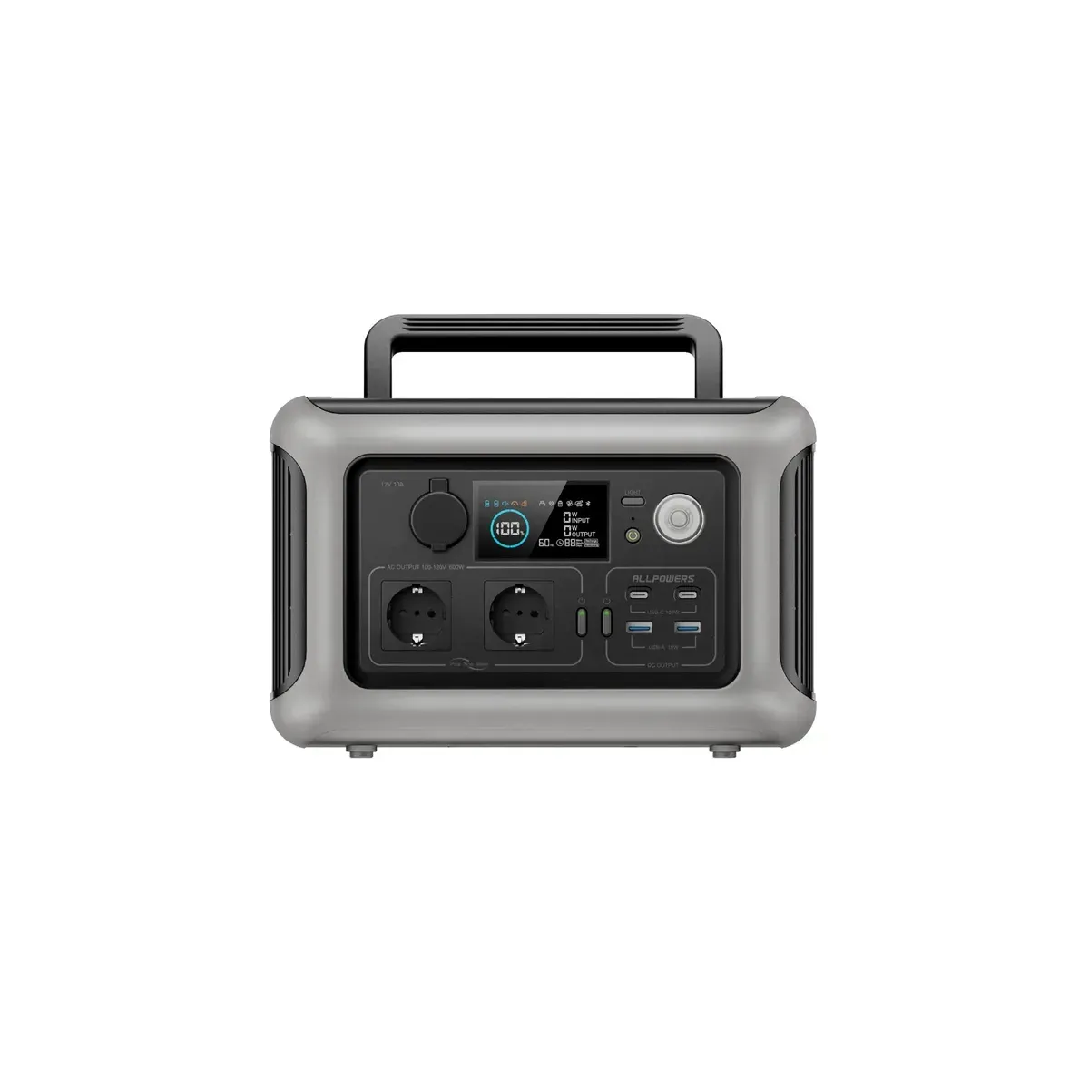 ALLPOWERS R600, station électrique portable de 299 Wh, vue de face sur ses deux prises secteur