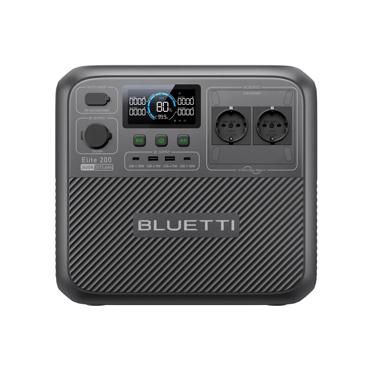 Station électrique BLUETTI Elite 200 V2 vue de face, écran allumé, deux prises 230 V et quatre ports USB