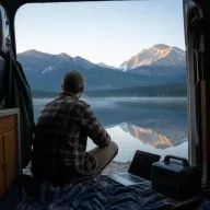 Romain, de dos, assis à l’arrière de son van face à un lac de montagne, une station électrique et un ordinateur portable posés à côté de lui