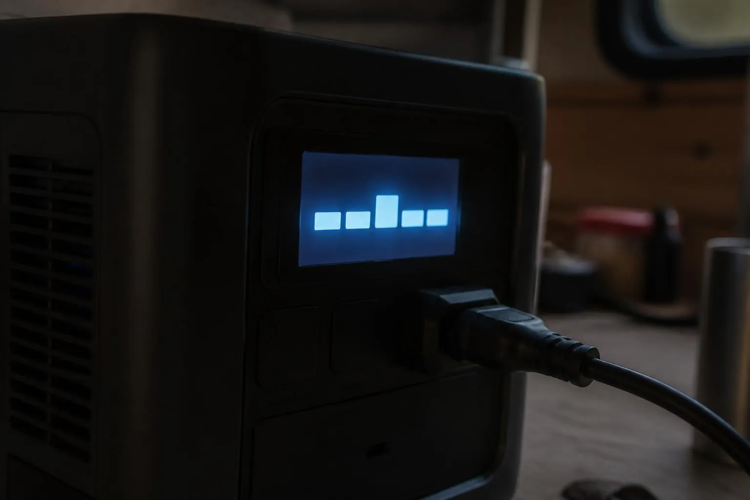 Écran d'une station électrique portable posée dans la pénombre, un câble encore branché sur la prise 230 V