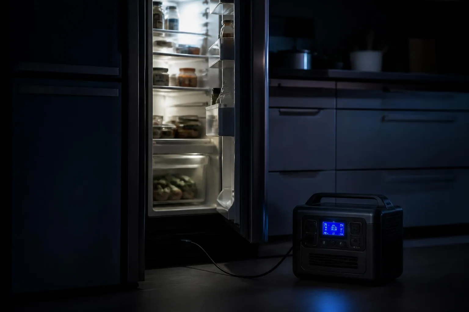 Réfrigérateur et box internet branchés sur une station électrique portable dans une cuisine plongée dans le noir