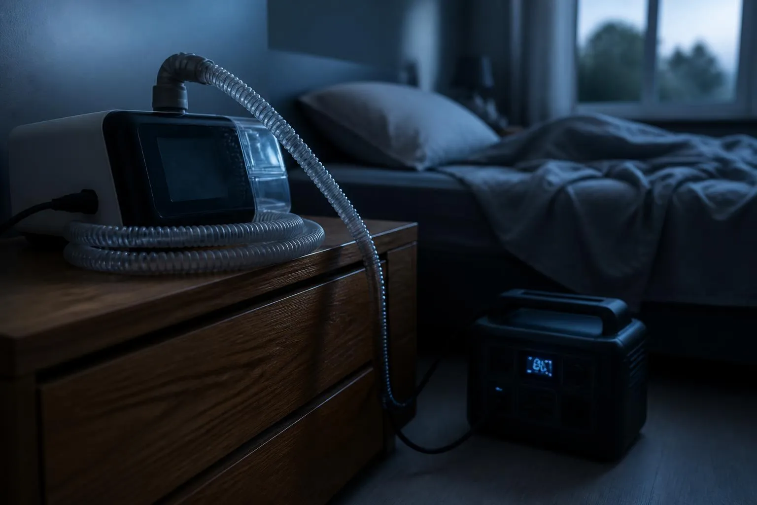 Appareil CPAP posé sur une table de nuit, relié par un câble à une station électrique portable au sol, chambre dans la pénombre