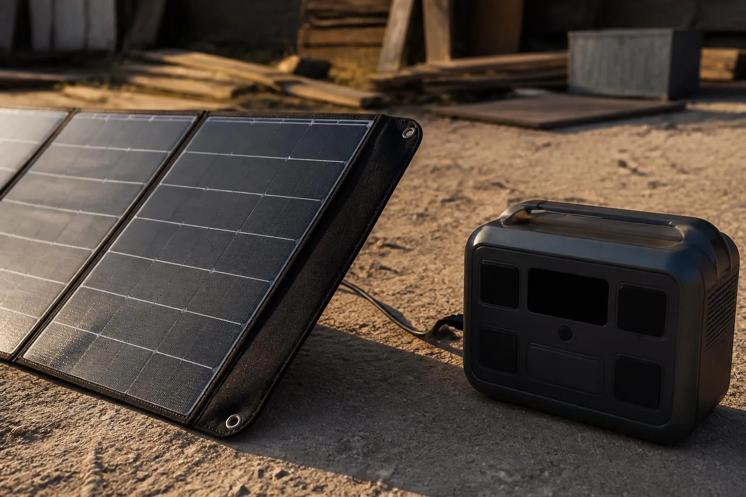 Panneau solaire portable déplié au sol dans la pénombre, son câble relié à une station électrique dont l'écran reste éteint