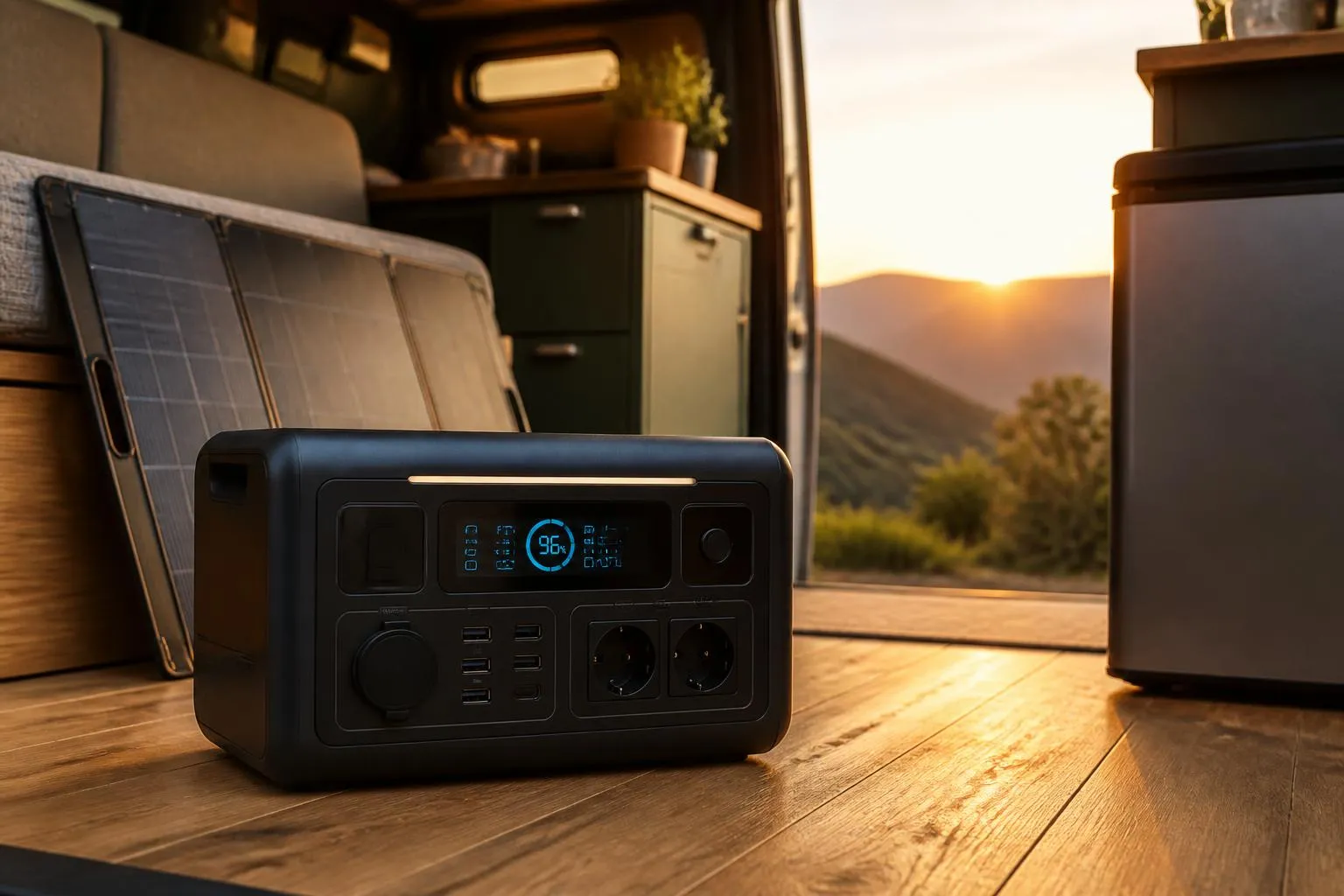 Une station électrique portable posée au sol d'un van aménagé, à côté d'un réfrigérateur à compression et d'un panneau solaire replié